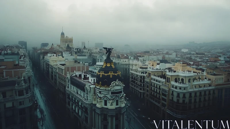 Overcast axial cityscape with ornate domed corner turreted landmark.