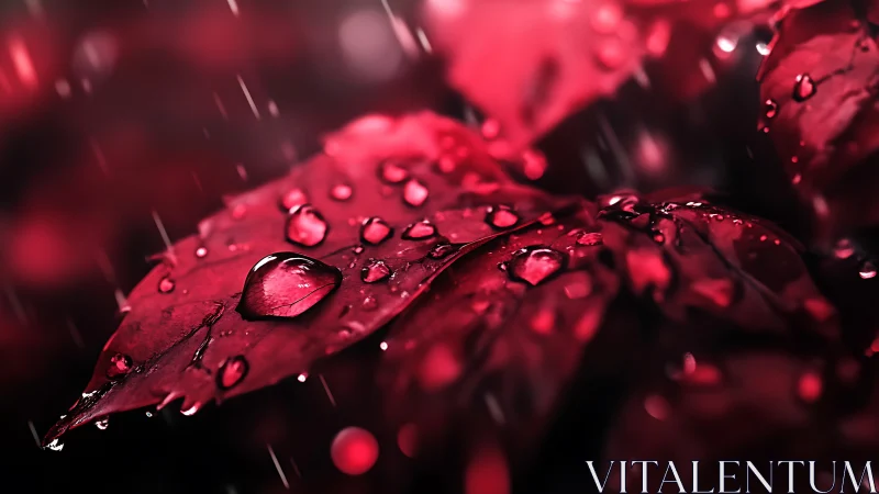 Red leaves in rainfall with surface water droplets present.