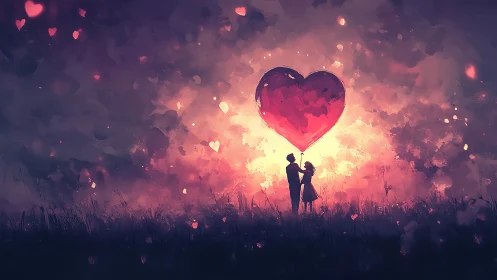 Silhouetted Couple Beneath Luminous Heart Balloon in Atmospheric Landscape