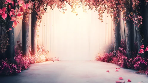 Enchanted Pink Forest Corridor with Glowing Light