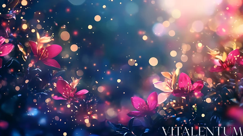 Magenta flowers with diffused light particles on teal background.