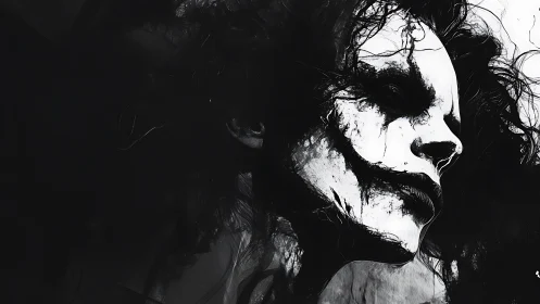 Monochrome portrait of partially obscured painted face.