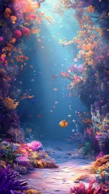 Cartoon clownfish swims through dense colorful coral canyon