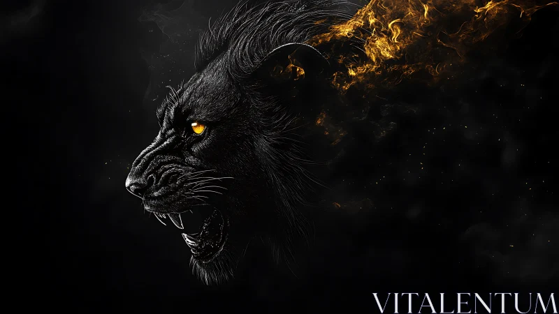Roaring black lion head dissolves into incandescent fire plume