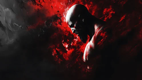 Bald male figure rendered in red and black swirling smoke