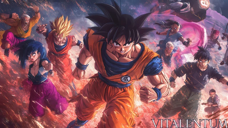 Anime fighters charge forward through fiery cracked ground.