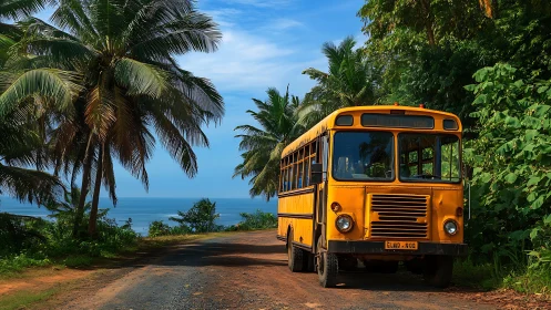 Rustic coastal bus on palm-lined tropical asphalt road.
