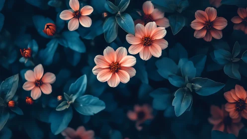 Coral Dahlias Against Deep Teal Foliage Garden
