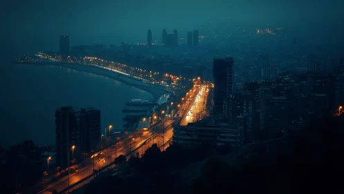 Midnight shoreline freeway humming under ocean-blue haze.