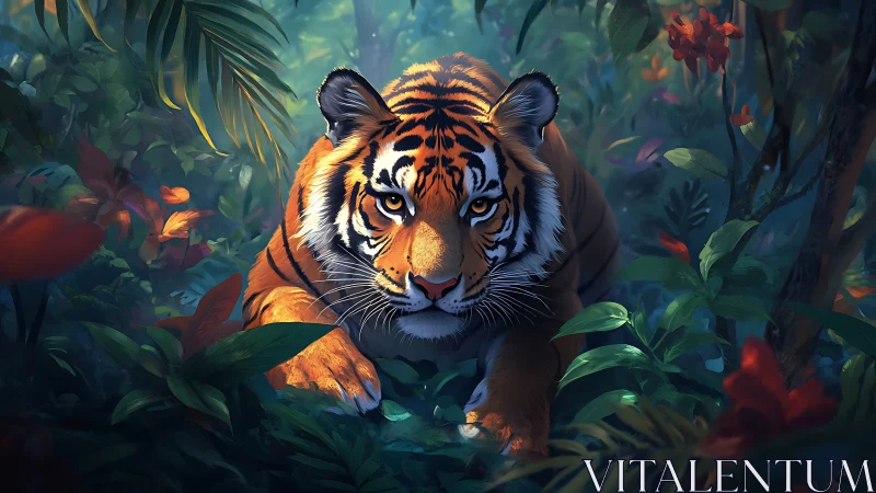 Tiger stalking forward through dense, colorful jungle foliage.