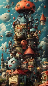 Curious skyward city of floating towers and playful orbs.