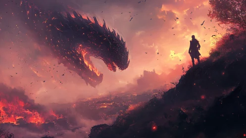 Lone warrior confronts colossal dragon in burning twilight sky