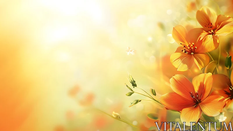 Warm Orange Geraniums Against Golden Sunlit Bokeh Background.