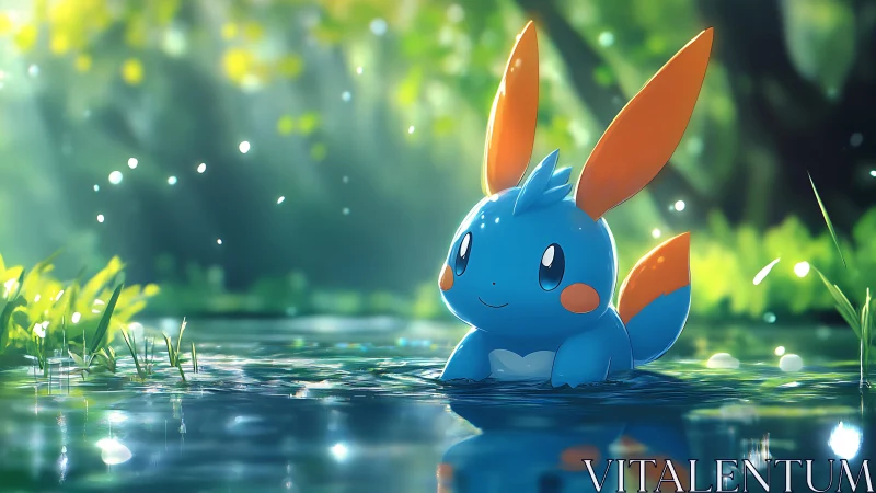 Cute blue creature relaxes in a glowing forest pond.