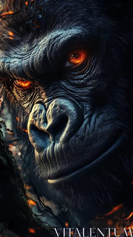 Gorilla close-up with burning ember eyes and molten shadows.