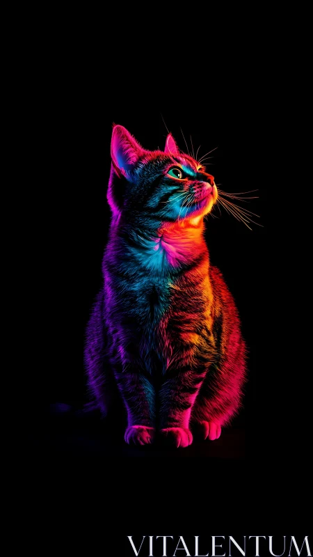 Neon lit cat portrait against deep black negative space.