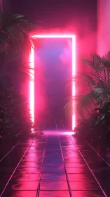 Neon portal corridor amid tropical plants and vapor glow.