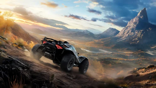 Off-road buggy descending rocky slope at mountain sunset.