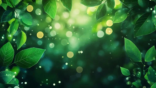 Lush green leaves with dreamy bokeh light in nature-inspired style.