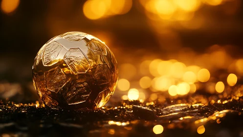 Golden glass soccer ball glows against blurred bokeh lights