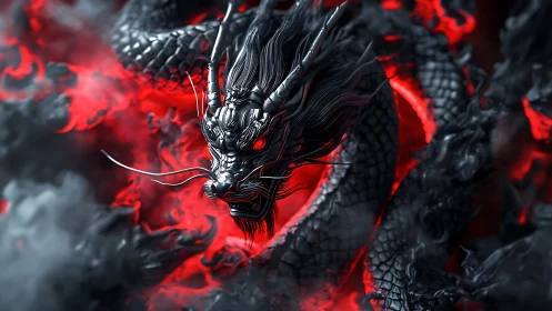 Fierce shadow dragon swirling through glowing crimson smoke.