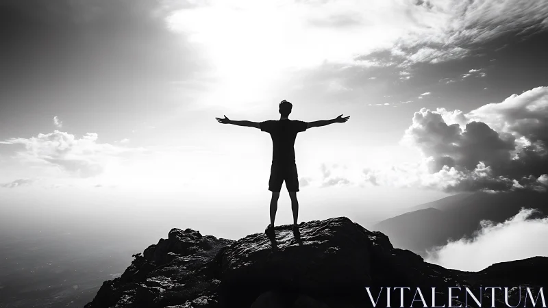 Sunlit mountain summit invites open-armed moment of freedom