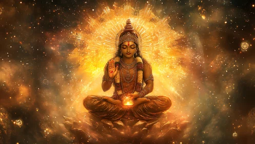 Radiant celestial goddess sits in lotus amid cosmic light.