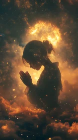 Silhouetted figure stands in glowing cloudscape with sparks