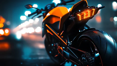 Futuristic sport motorcycle glows under cyberpunk city lights