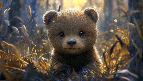Digital depiction of bear cub in backlit forest undergrowth.