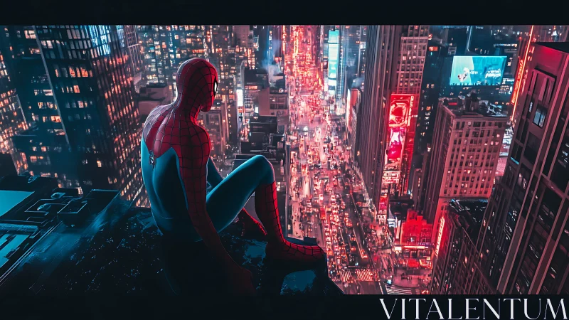 Masked hero overlooks neon city canyon in cinematic dusk.