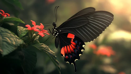 Black swallowtail butterfly on red blossom at sunset.