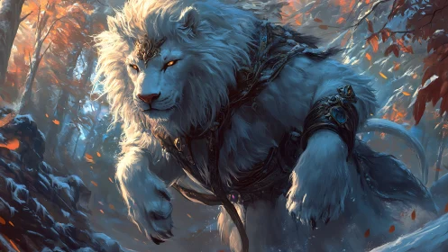 Mythic white lion prowls enchanted autumn forest