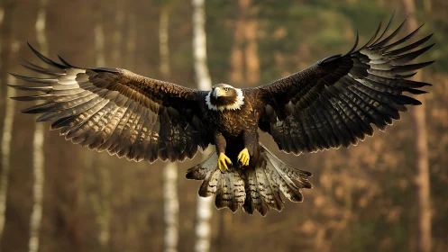 Majestic eagle in flight with wings spread wide, nature photography.