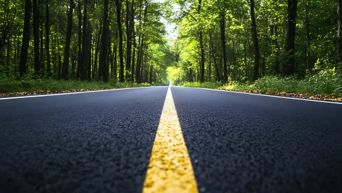 Straight asphalt road with yellow center line extending through dense forest.