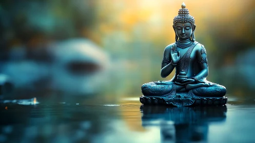 Still water cradles a luminous Buddha in quiet sunrise glow