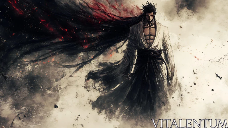 Dynamic samurai figure in storm-swept monochrome digital painting.