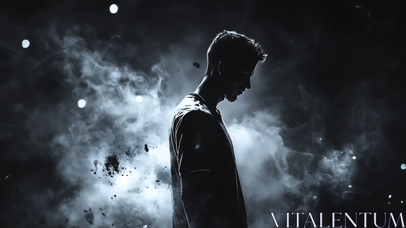 Silhouetted male profile in smoke filled low key scene.