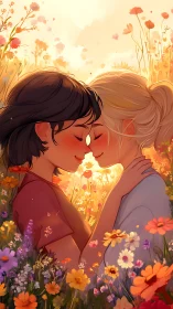 Two Hearts Bloom in Golden Radiance Amid Wildflower Dreams.