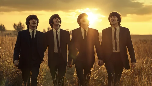 Retro-styled band walking through golden sunset field.