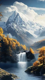 Majestic alpine waterfall under crisp snowcapped peaks.