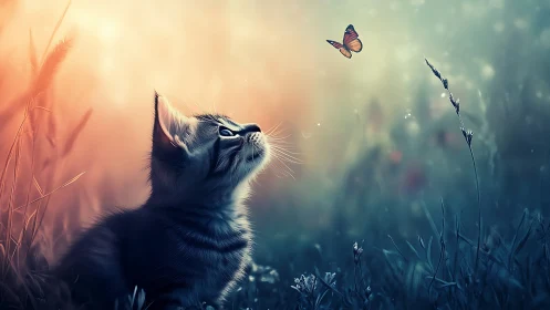 Felid Gazing Upward: Striped Kitten Observing Lepidoptera in Luminescent Field