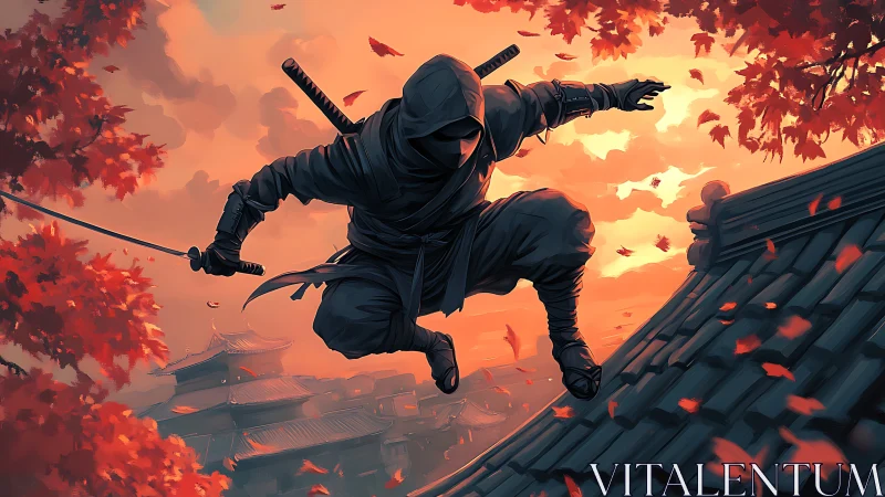 Ninja poised on tiled rooftop amid blazing autumn sky.