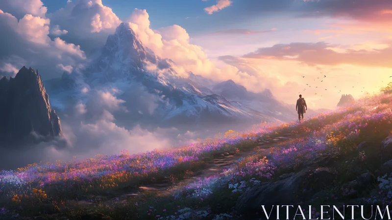 Backlit hiker crosses alpine meadow under volumetric-lit peaks