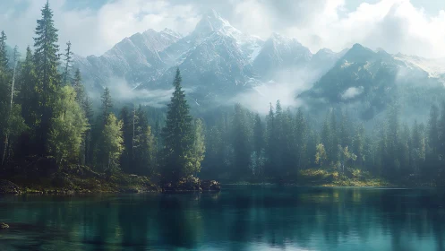 Mountain lake reflects dense conifer forest and misty peaks
