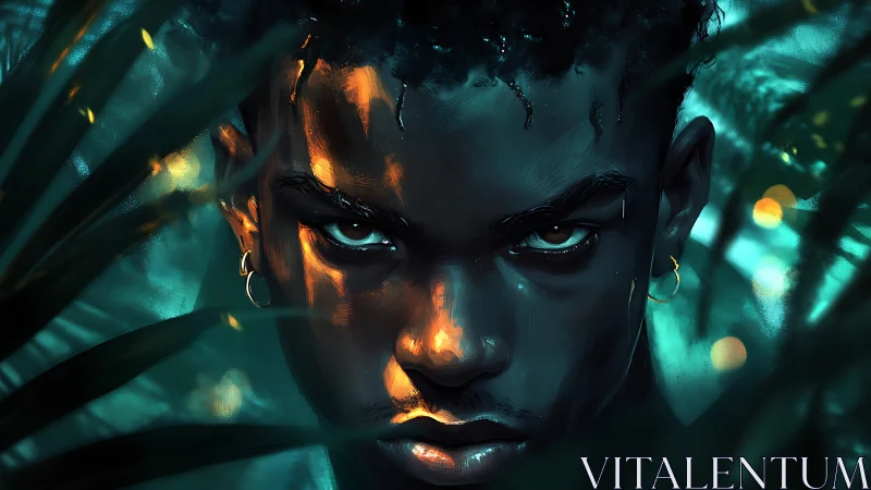 Digital portrait shows focused face framed by foliage and light