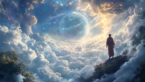 Pilgrim of clouds gazes into a newborn celestial gateway.