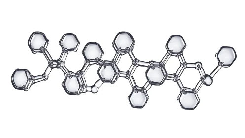 Transparent molecular structure illustration in modern 3D style.