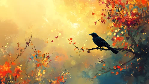 Solitary black bird on autumn branch against bright sky.