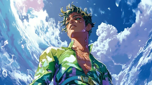 Skyward gaze celebrates sunlit confidence and ocean calm